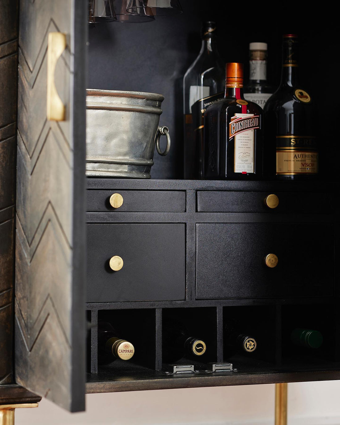Mida Chevron Aged Black Bar Cabinet By French Country