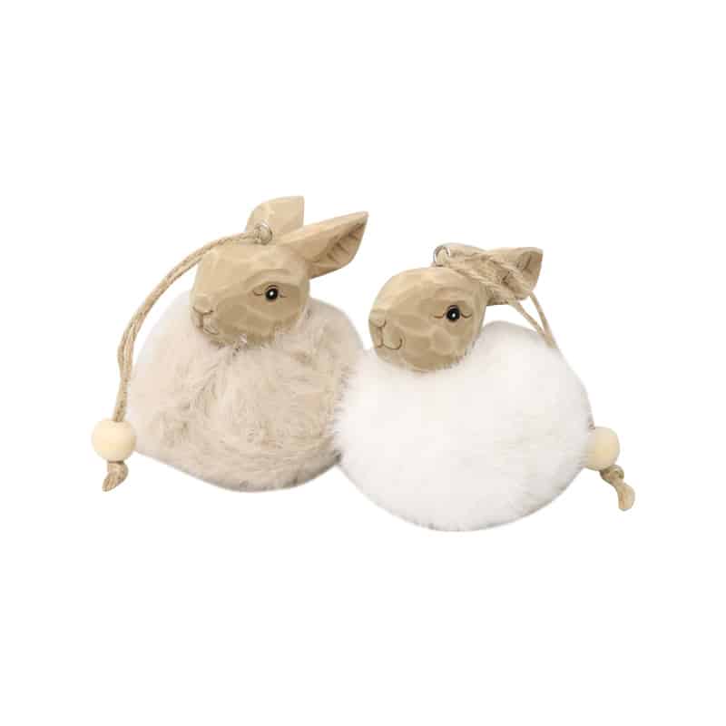 Stockholm Wooden Fluffy Carved Bunnies Hanging 10cm