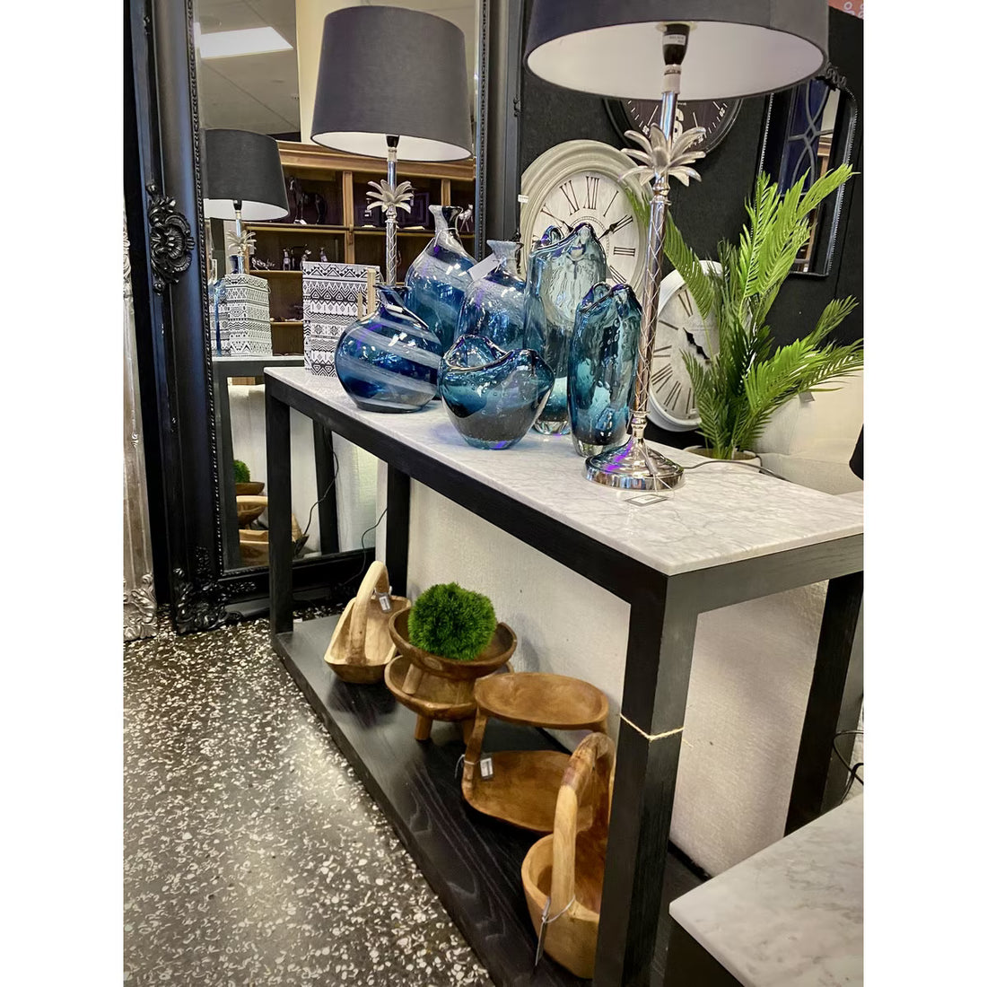 Marble Top Hall Table White Marble & Black Oak Base – Console Table 1500mm (CF8225)
