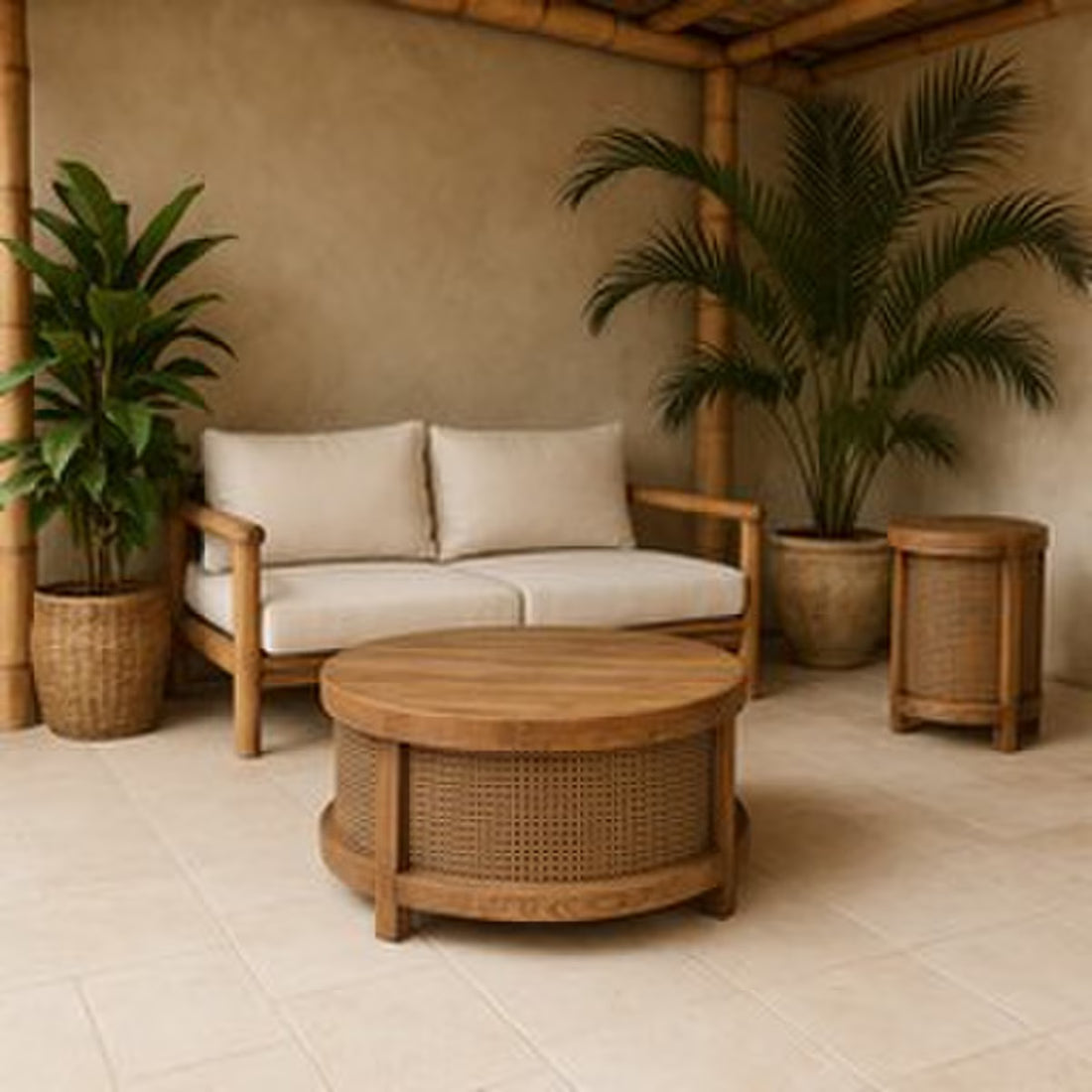 Santorini Elm & Rattan Round Coffee Table – Coastal Coffee Table (CF8312)