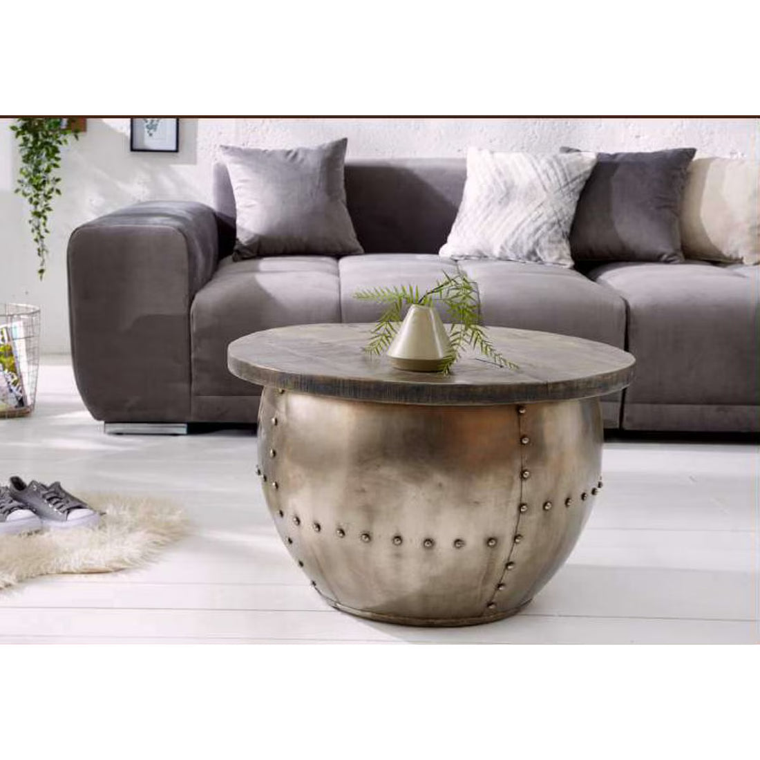 Brass Drum Wooden Top Coffee Table (KC1162)