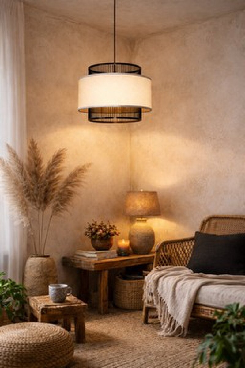 Bamboo & Linen Pendant Light  - Natural / Black (RFA-YL2039)
